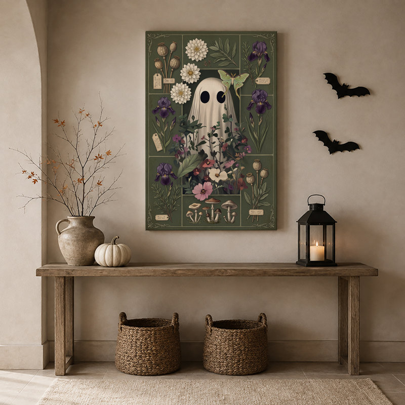 «White Ghost and Luna Moth In Vintage Botanical Halloween», art mural sur toile, H 18 po x l 12 po