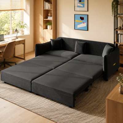 81.9" Velvet Convertible Sectional: 3-Seater Couch & Broad Roll-Out Sleeper Matrix with Gold Accents