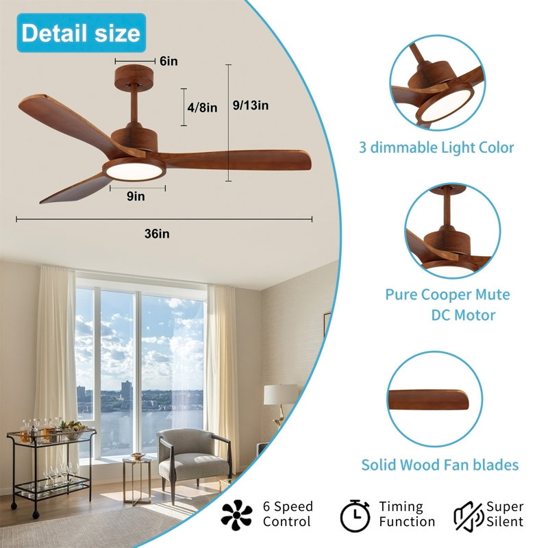 Ventilateur de plafond en bois de 91 cm (36 po) avec éclairage et télécommande
