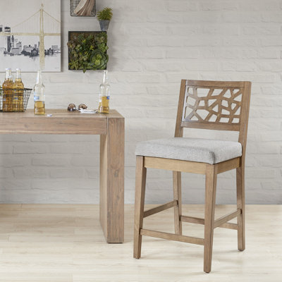 Tabouret de comptoir gris avec structure en bois de chêne massif et siège rembourré, assemblage requis