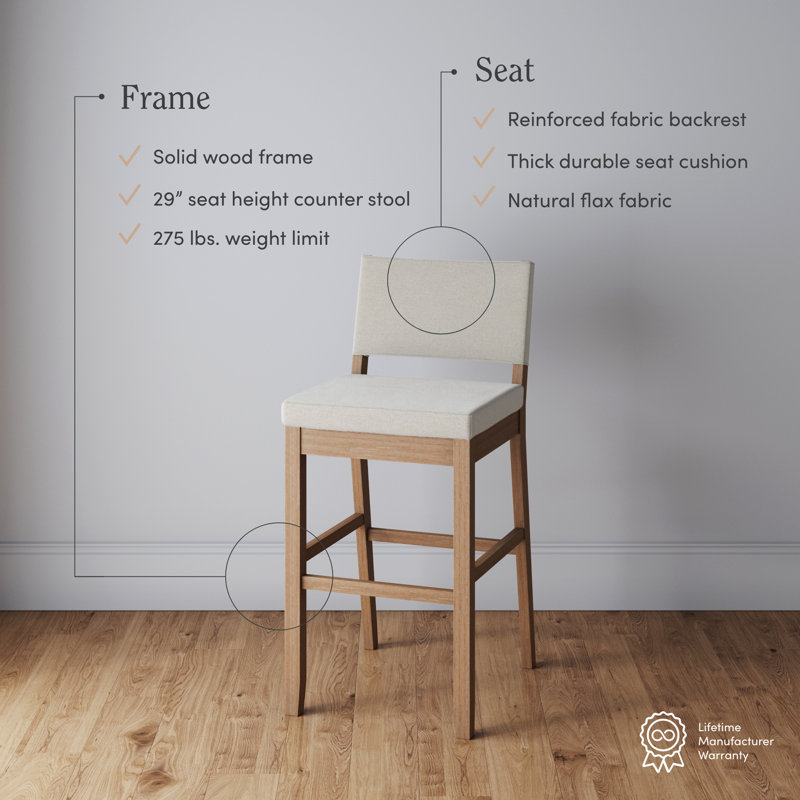 Wood Upholstered Sling Back Bar Stool, Natural Flax, Bar Stool (29" Seat Height), 1