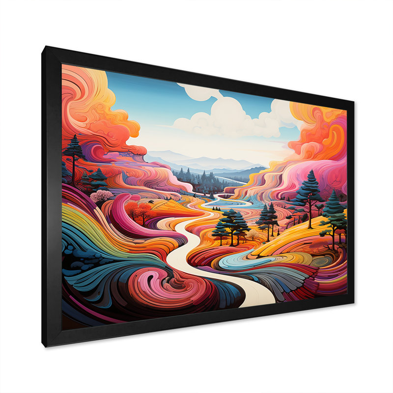 «Fantasy Food In Colorful Meadow 1», art mural prairie, Cadre d'angle fermé noir, H 12 po x l 20 po x P 1 po