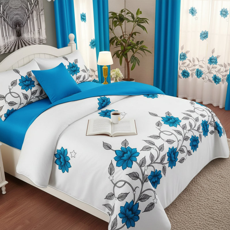 Ensemble de 9 pièces en microfibre bleu cyan à motif floral comprenant un couvre-lit, 2 taies d'oreiller et 6 panneaux de rideaux à œillets filtrant la lumière.
