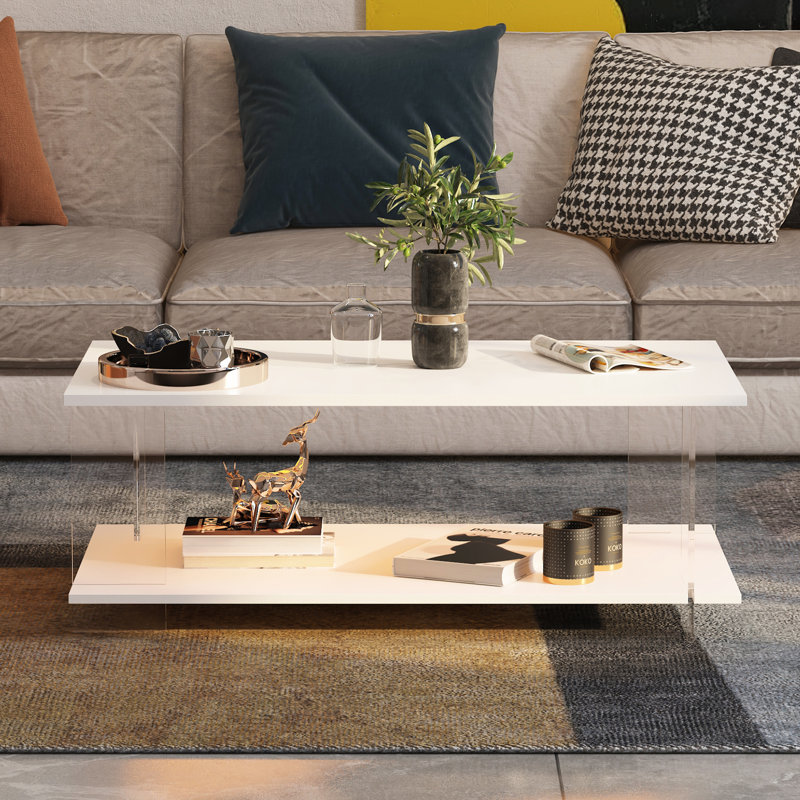 Acrylic Coffee Table with LED & Storage, White