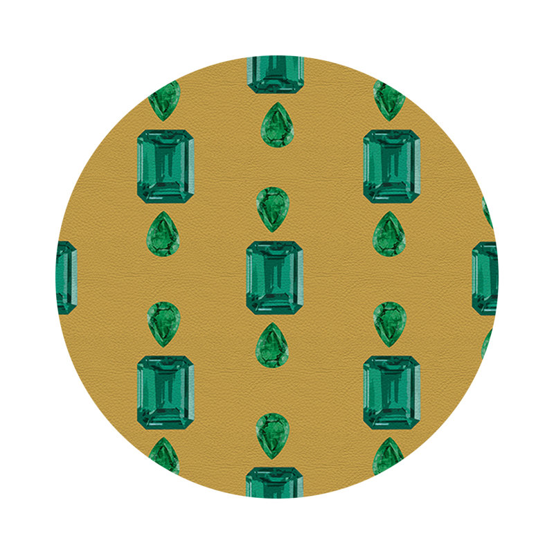 Gem Emeralds Gold Vegan Leather Round Coasters, Gold