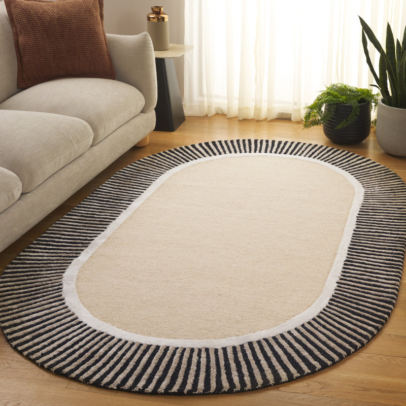 Tapis rayé beige / noir en laine / viscose / coton 107 touffetés à la main, Ovale 9 pi x 12 pi