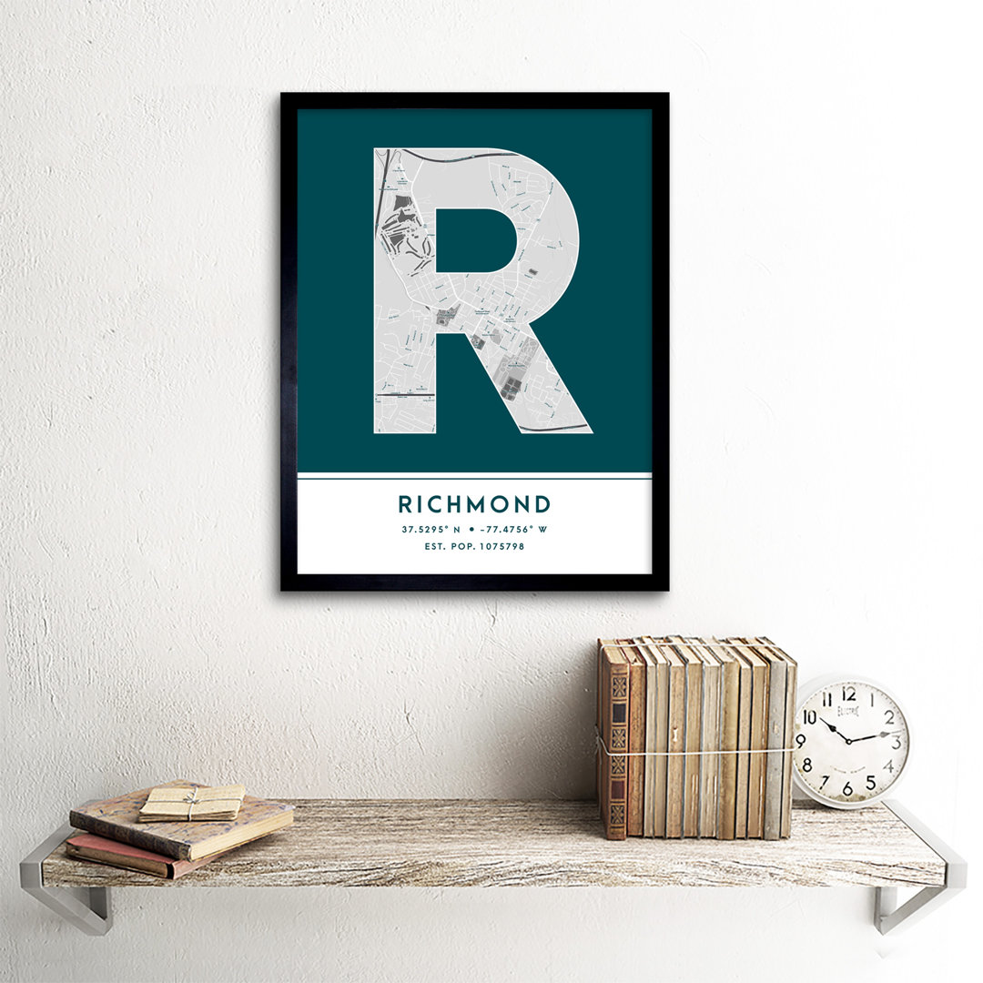 Richmond City Map Richmond Teal by Wee Blue Coo - Single Picture Frame Typography