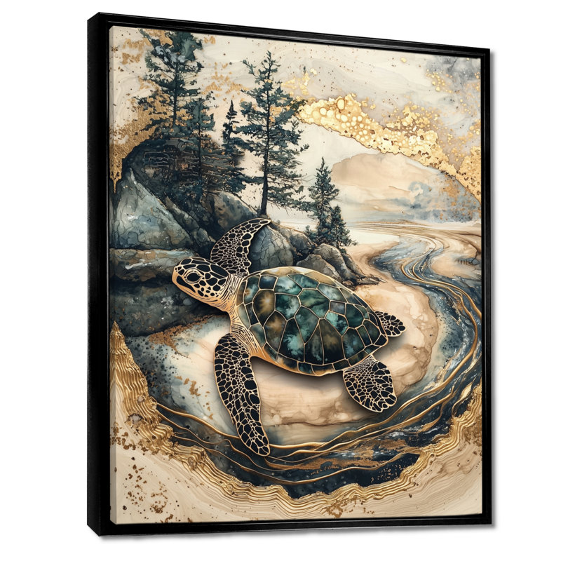 Corojo Turtle on Forest Landscape Collage - tortue, art mural grand, Noir, Reproduction avec cadre flottant