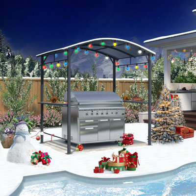 7,5 pi L 5 pi. D Pavillon de jardin grillagé avec tablettes latérales et toit en polycarbonate pour barbecue