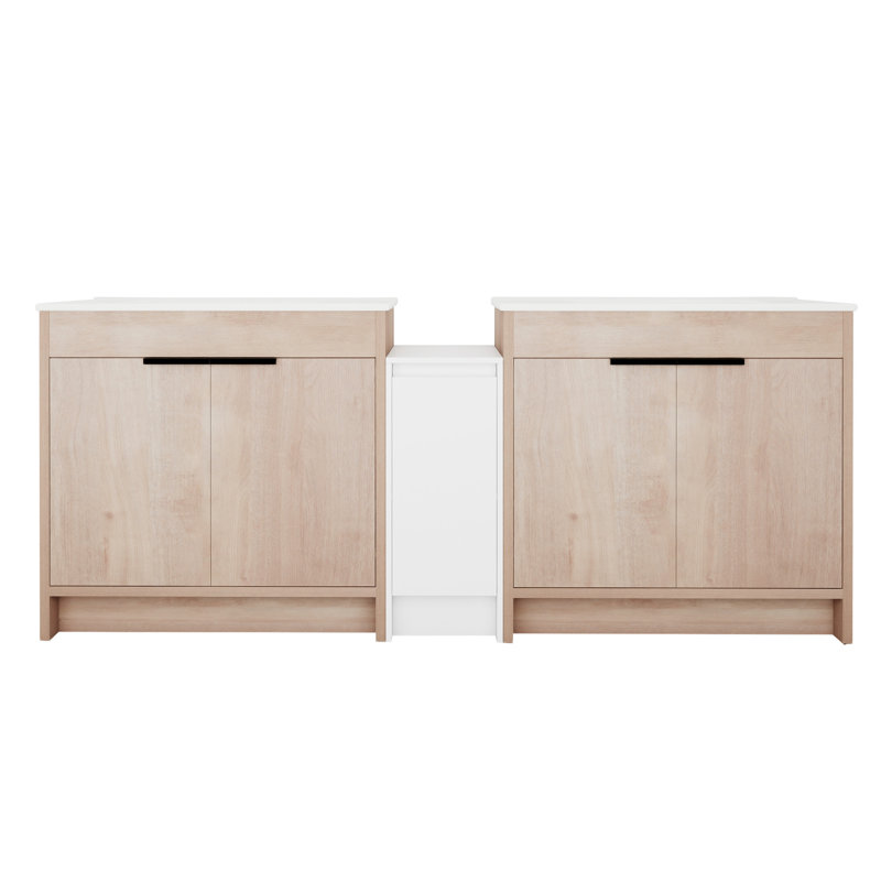 Meuble-lavabo autoportant avec lavabo en céramique et armoires de rangement, Blanc brillant / chêne clair clair