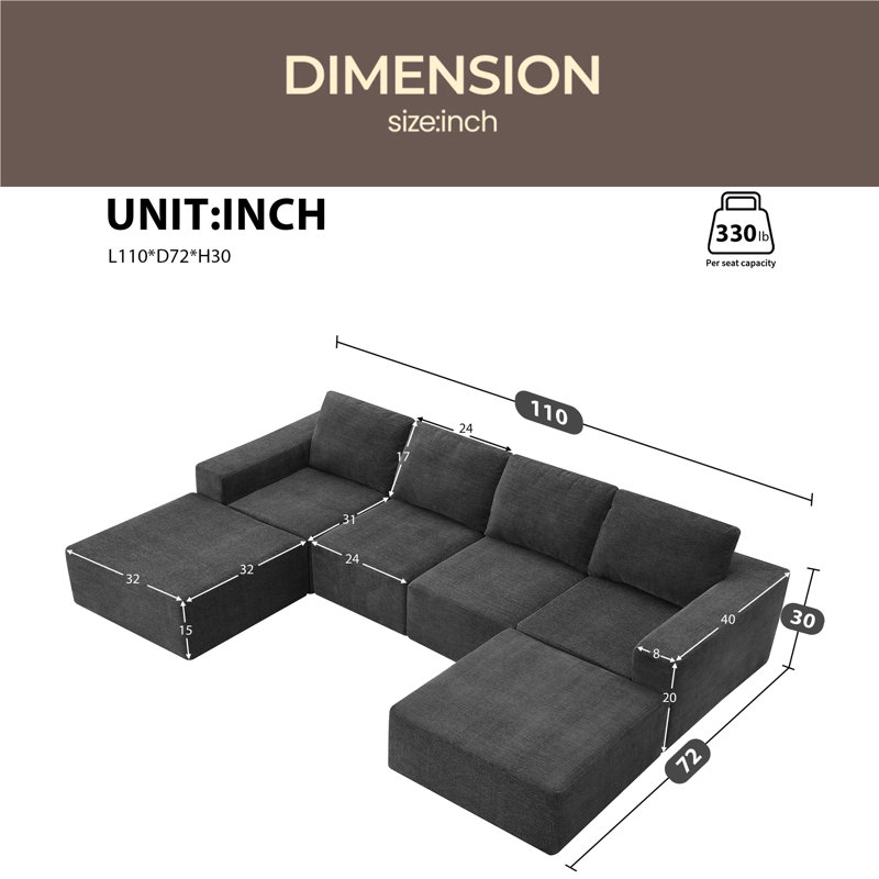 Canapé modulaire en forme de U 110 * 72 "avec repose-pieds, canapé de luxe en chenille nuage avec siège profond, aucun assemblage requis, canapé entièrement rembourré pour le salon, la chambre à coucher