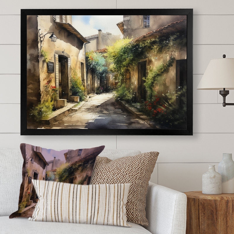 Ribana Mediterranean Village Street II sur impression sur toile, H 16 po x l 32 po x P 1 po, Cadre photo noir