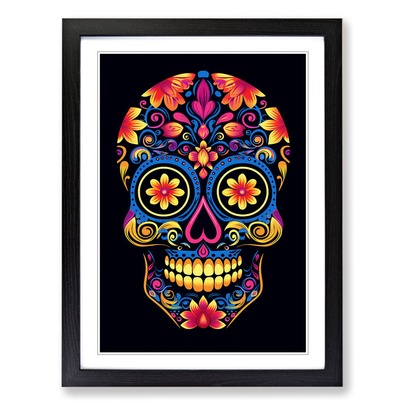 Sugar Skull Minimalism No.2 - Single Picture Frame Print on Wood, 64cm H x 46cm W x 2cm D, Black