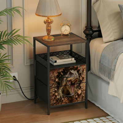 Table de chevet 2 tiroirs avec station de charge, table de chevet pour chambre avec ports USB et amp; Outlets, tablette ouverte noire, table de chevet avec dinosaure T Rex