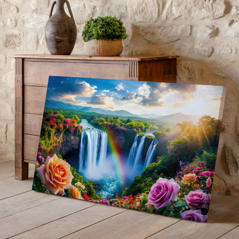Reproduction d'art sur toile, "Un paysage fantaisiste éclatant avec une cascade majestueuse en cascade", "Falaises rocheuses entourées de verdure luxuriante"