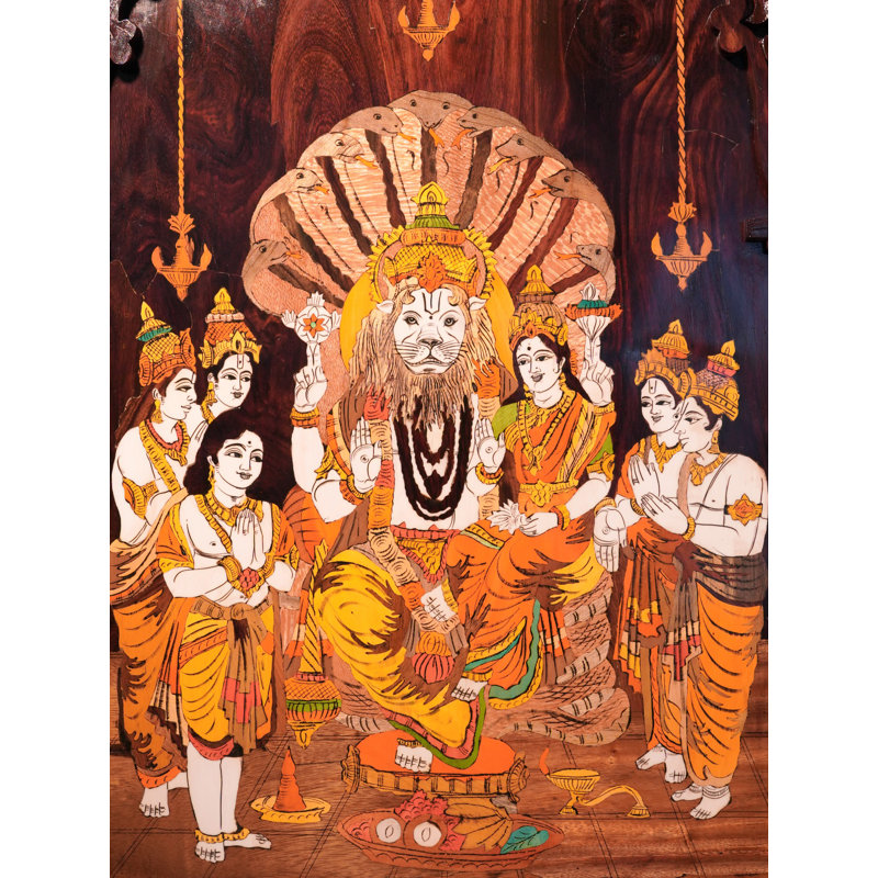 36" Lord Narasimha & Lakshmi Mysore 3D Wood Inlay Wall Panel - Handcrafted Hindu God Art for Protection & Prosperity