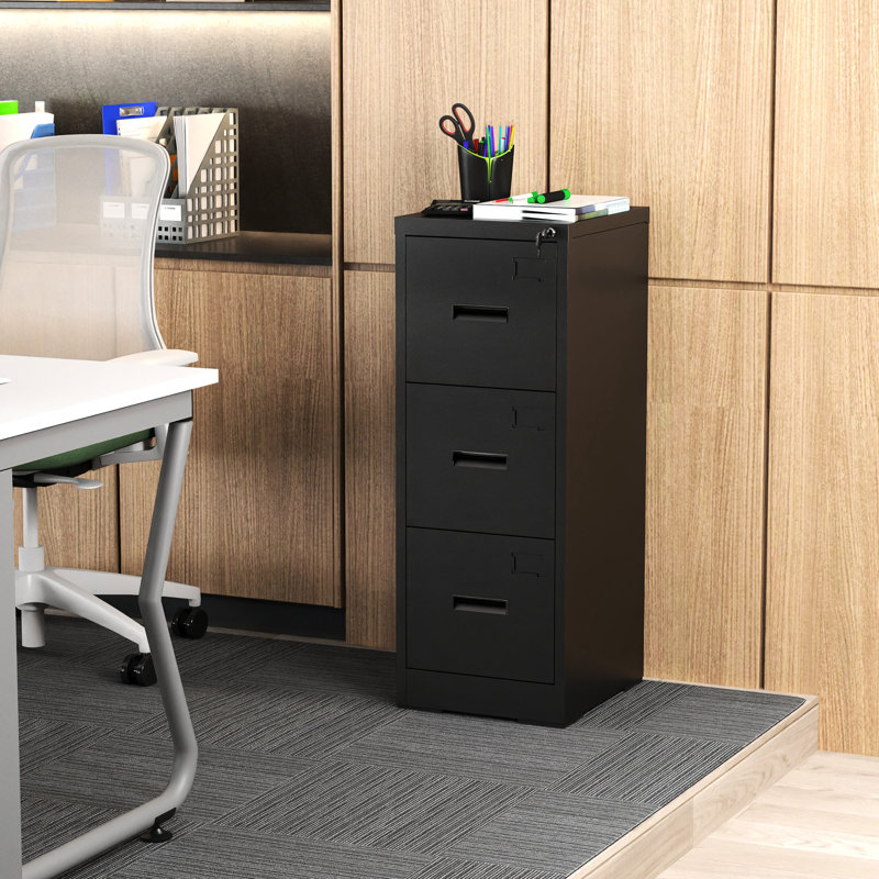 Panthia 3 - Drawer Metal Narrow Vertical File Cabinet, Locked Drawers For Security, Smooth Bearing Slides, Adjustable Hanging Rods Arrangement Document Easy Assembly
