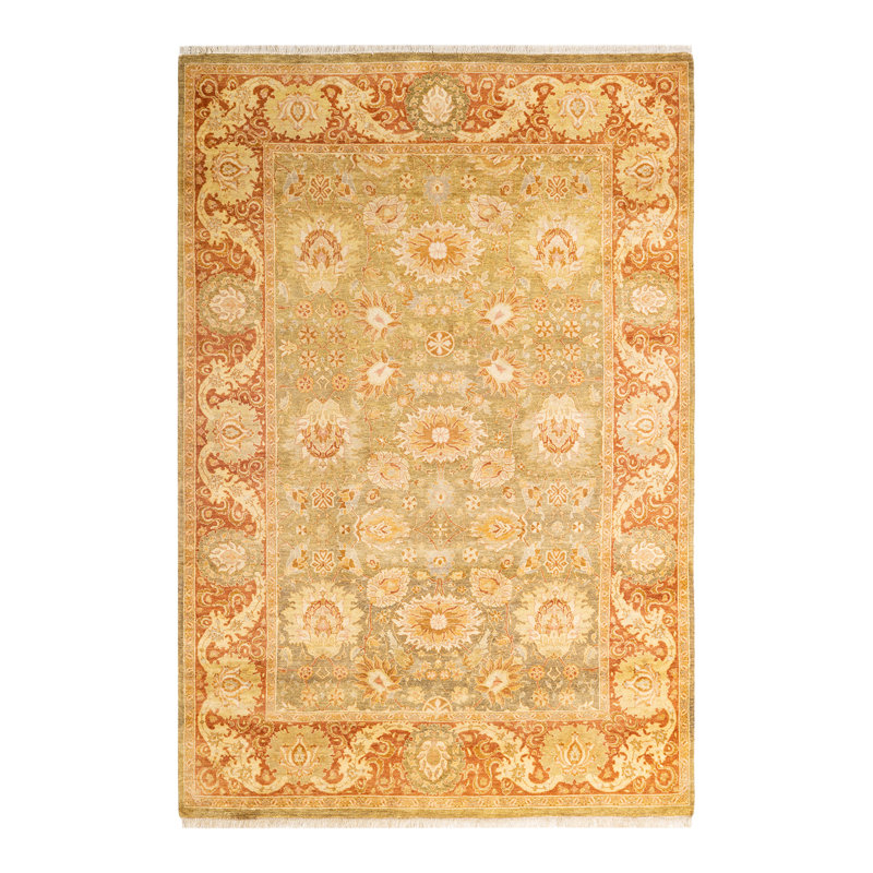 Tapis unique jaune / orange / ivoire noué à la main Voline Mogul 4 pi 7 po x 6 pi 9 po