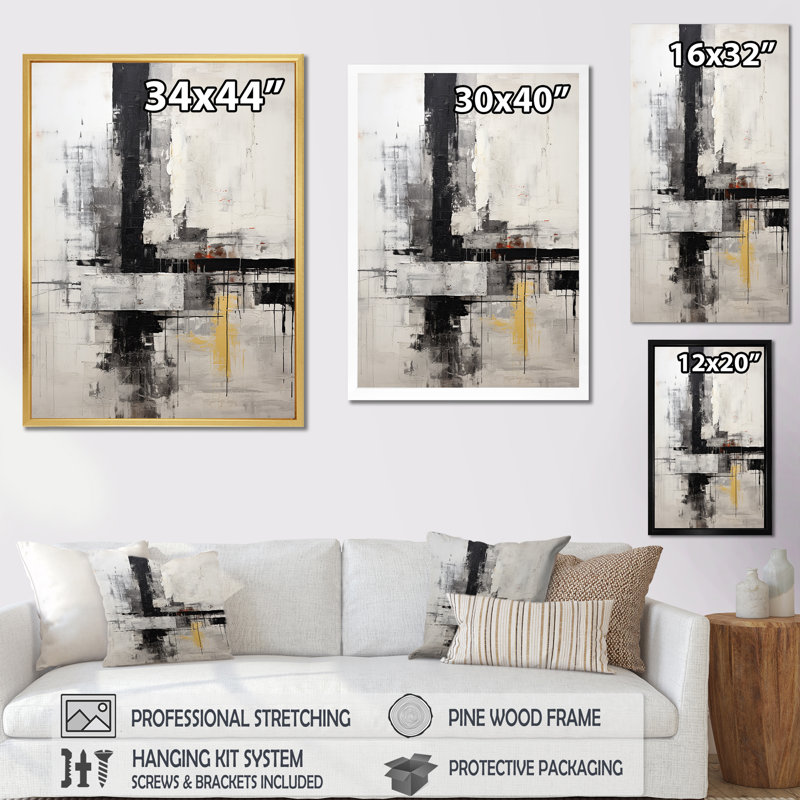 Abstrait beige et noir sur route - collage abstrait, impressions sur toile, Cadre flottant noir, H 44 po x l 34 po