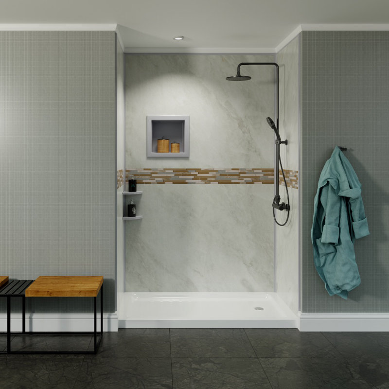Bella CORE Tub and Shower Surround with Katrina Design Strip up to 48Dx48Wx48Dx96H, Arctic Mist