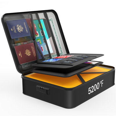 Organisateur de documents avec 5200 Box isotherme, boîte de documents imperméable et ignifuge avec serrure, coffre-fort pour le voyage à domicile pour documents et dossiers importants de format lettre