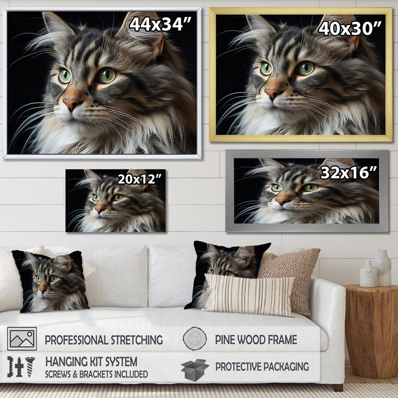 Portrait de chat II - impression d'art mural chat, Cadre flottant doré, H 16 po x l 32 po x P 1 po