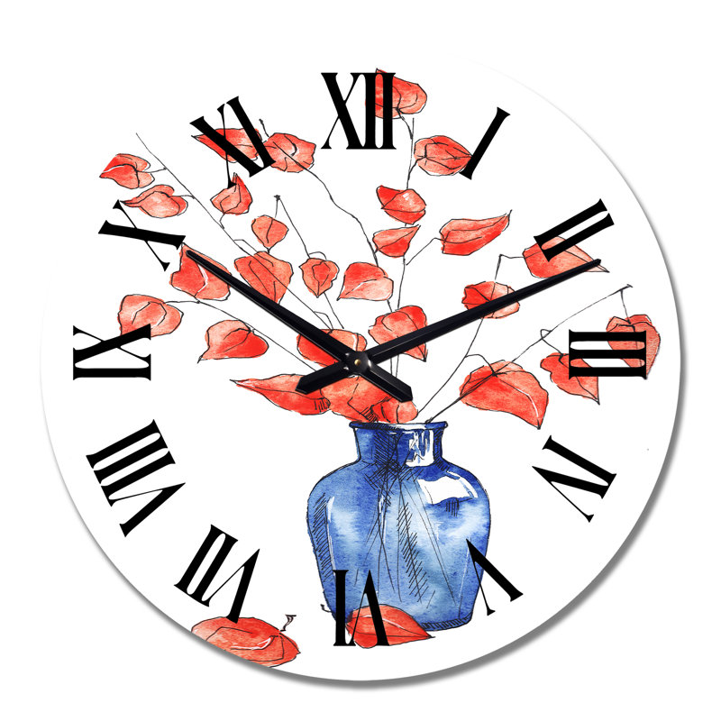 Automne nature morte avec vase bleu, fleurs orange - horloge murale traditionnelle, Moyen