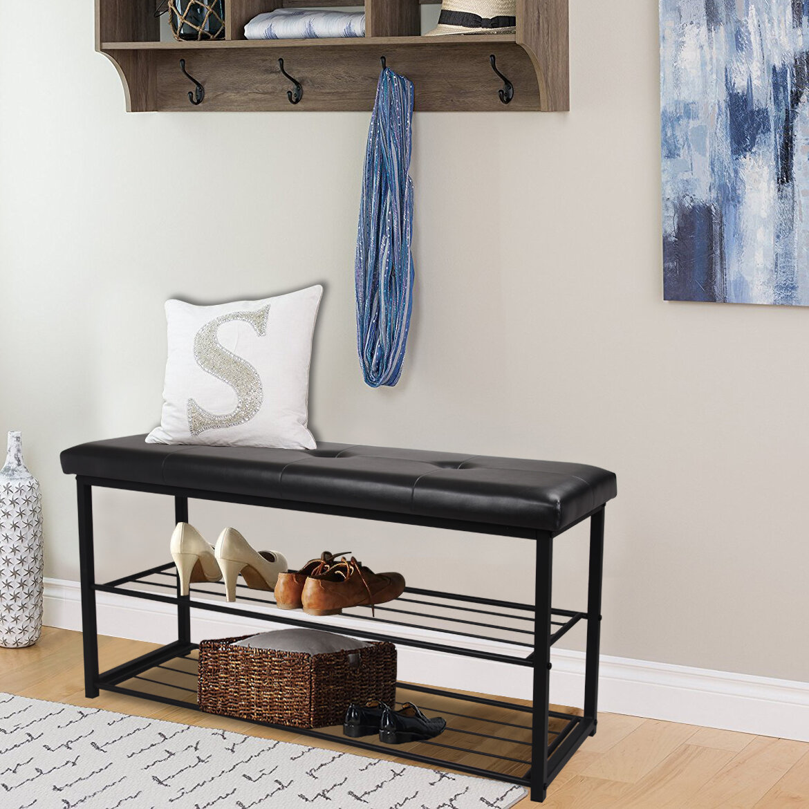 57 in. H 48-Pair 8-Tier Black Metal Shoe Rack