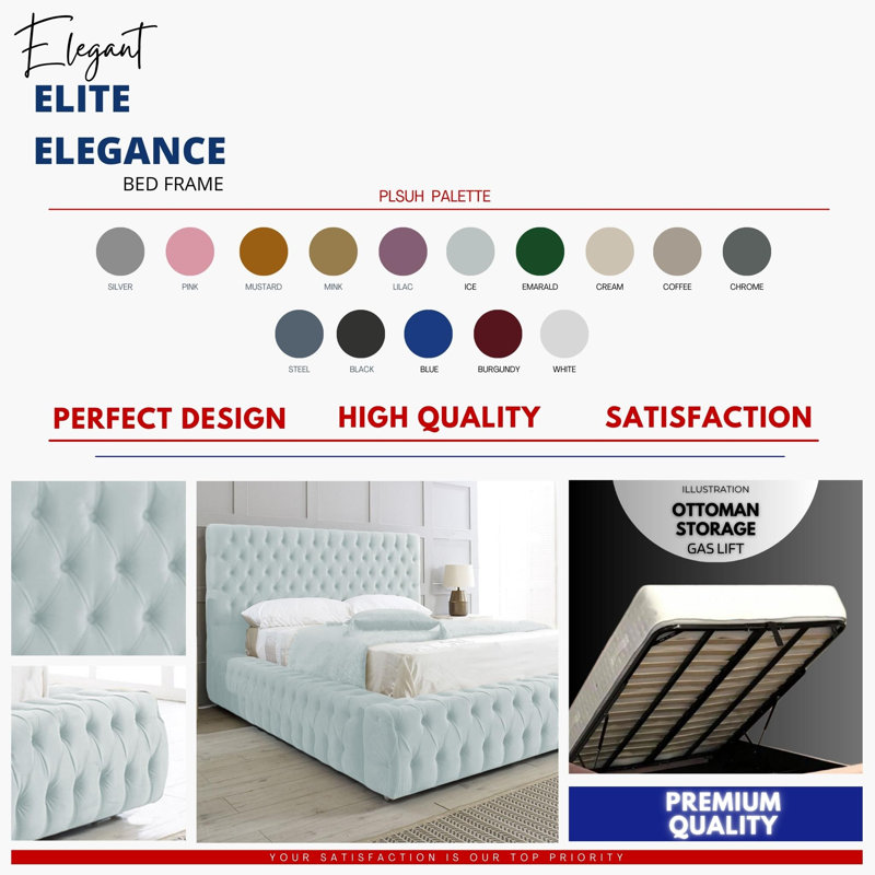 Elite Elegance Ambassador Ottoman Storage Bed - Premium Upholstered Velvet Bed Frame with Tall Headboard, Ice