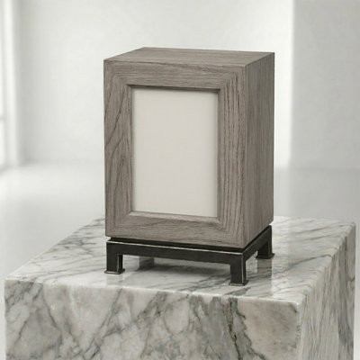 Modern Cremation Urn with Picture Frame for Human Ashes Adult Male & Female, Gray Wood Urn Box on Charcoal Metal Base, Holds a 5 x 7 Photo