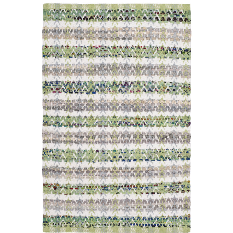 Tapis vert / gris / blanc en coton tissé à plat à la main Ingleside, Rectangle 2 pi 6 po x 4 pi