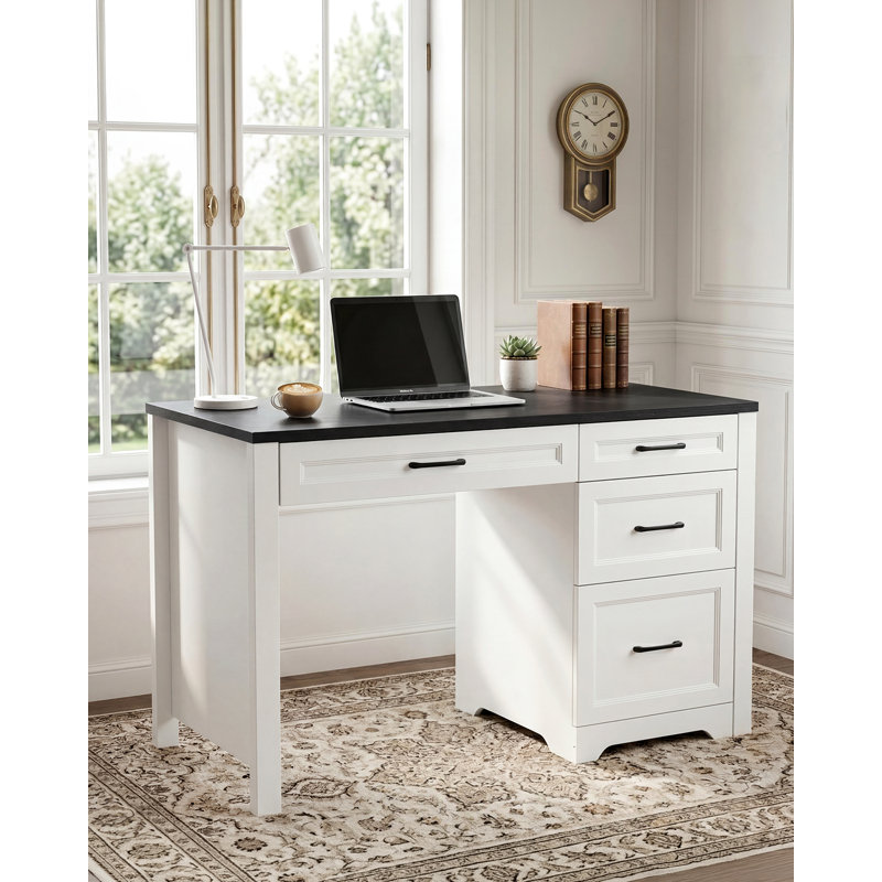 Élégant bureau de direction moderne avec tiroirs et rangement pour dossiers, compact, durable et parfait pour les petits espaces, plateau de table blanc et noir
