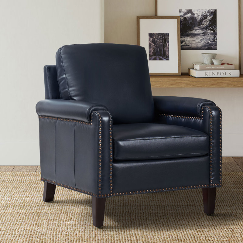 Fauteuil club en cuir véritable de 31,5 po de largeur avec pieds en bois massif Pascarella, Marine