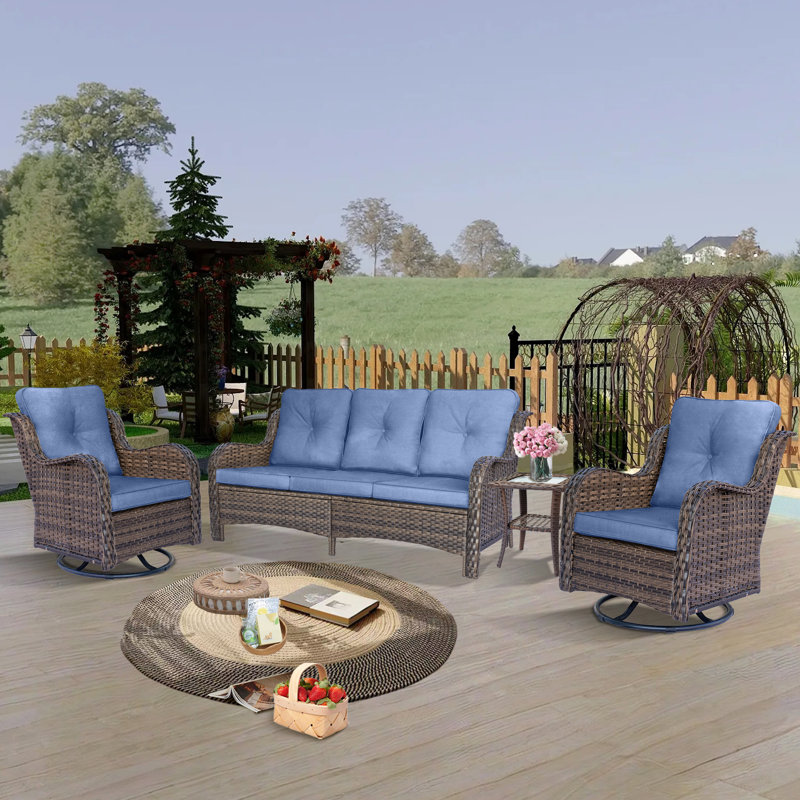 Shariden 5 - Person Patio Conversation Set with Cushions, Denim Blue, Brown