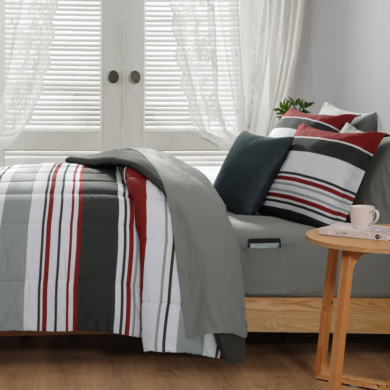 Ensemble d'édredon pour lit double Monbix - Ensemble de lit dans un sac 7 pièces, ensemble de literie à rayures rouges et noires, ensemble de lit d'édredon toutes saisons avec draps, taies d'oreiller et taies décoratives