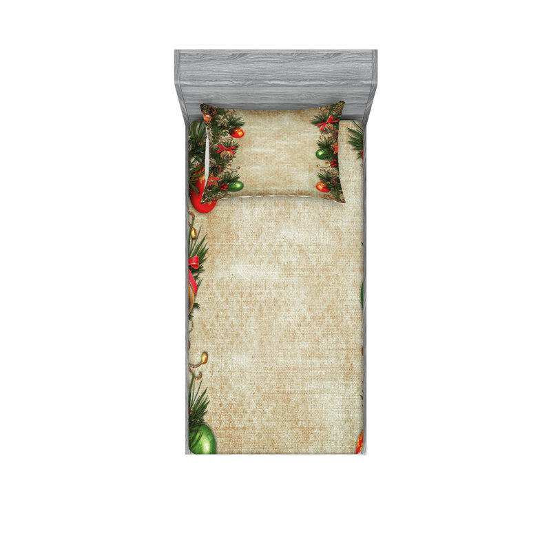 Ambesonne Christmas Fitted Sheet & Pillow Sham Multicolor, Twin Sheet Set + 3 Additional Pieces