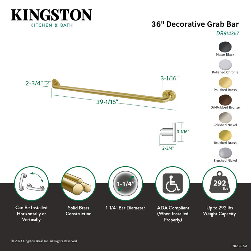 Kingston Brass Laurel 1-1/4 Inch O.D Grab Bar, 36" W, Satin Brass