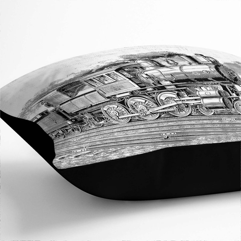 Locomotive Illustration in Black and White Cushion with Filling, Black, 55cm H x 55cm W x 20cm D