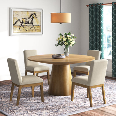 Arwilla Ebony Black 5 Piece 59"W Contemporary Round Dining Table Set with Pedestal Base and Beige Fabric Chairs