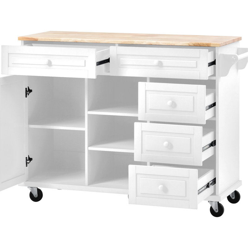 Îlot de cuisine blanc avec tablette mobile de 50 lb et 5 tiroirs - Revêtement de bureau en bois d'hévéa, Blanc