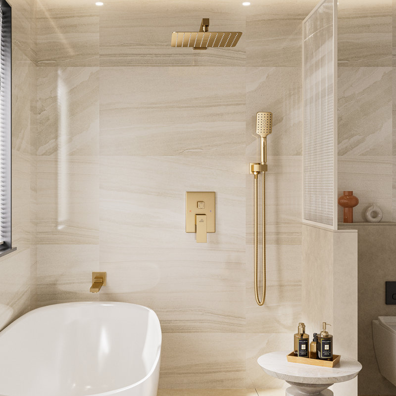 Brushed Gold 10" Square Rainfall Shower System with Handheld