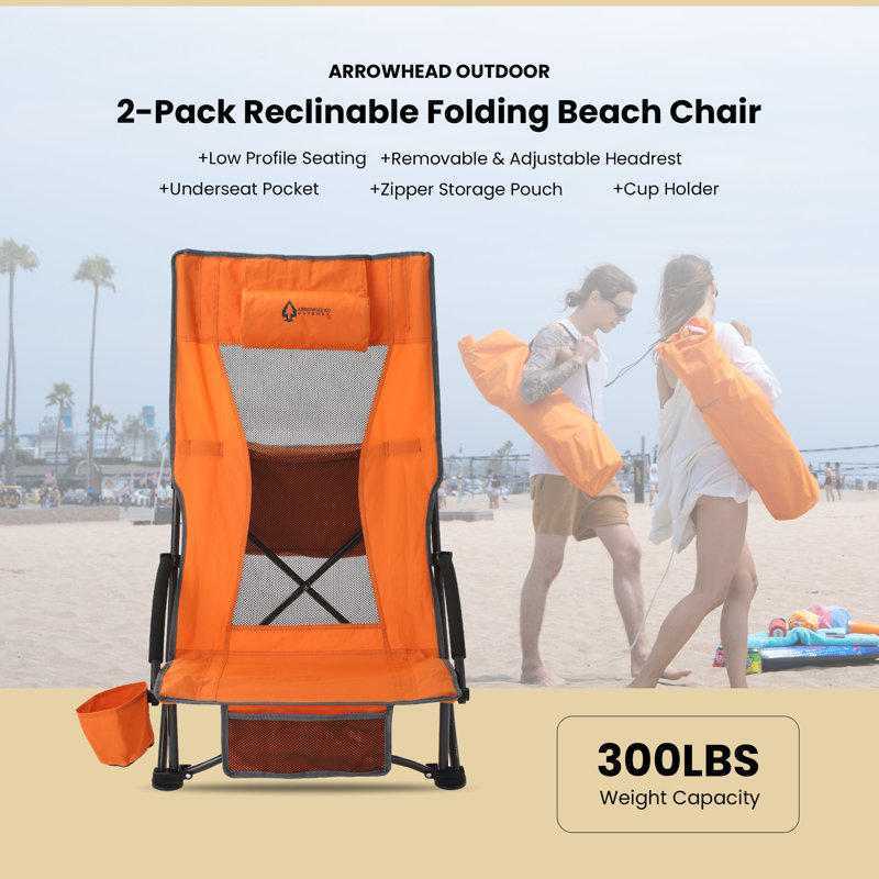 2-pack Folding Beach Chair with Headrest, Orange