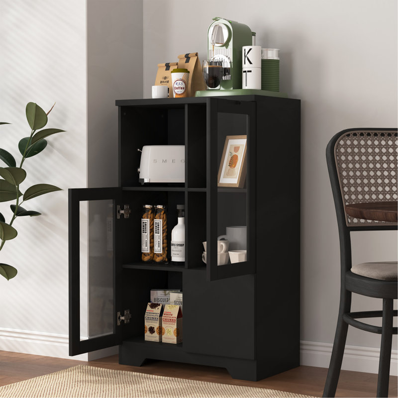 Armoire peinte en panneau de fibres à densité moyenne avec portes et tiroir en verre, espace de rangement ouvert, noir, chambre à coucher, salon