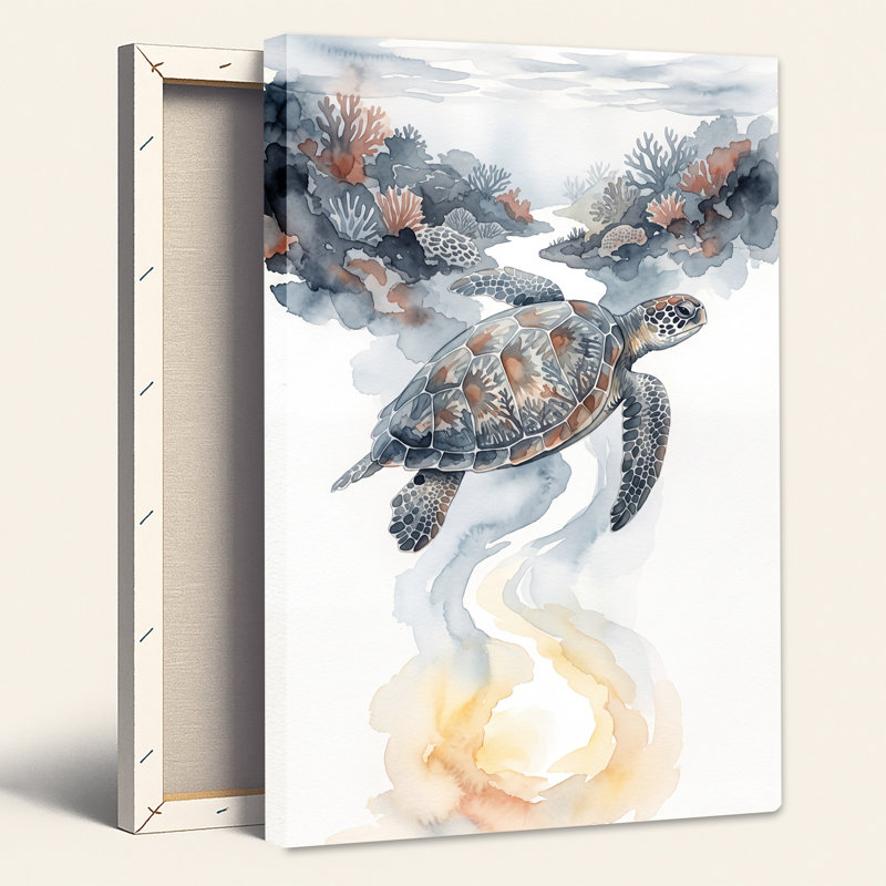 Tortue de mer grise et orange nageant dans l'aquarelle sur toile corail, H 48 po x l 32 po