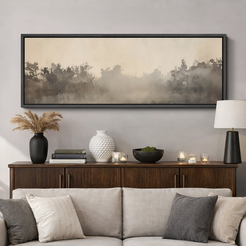 «Misty Forest Fog Landscape Extra Large», reproduction d'art sur toile encadrée, H 20 po x l 60 po x P 1,5 po, Cadre noir