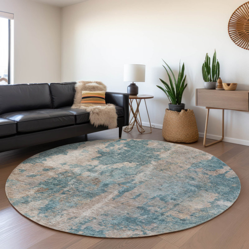 Premium Machine Washable Cerrito AMF573 Teal Rug, Round 8'