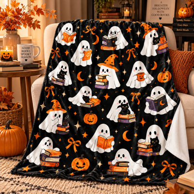 Ghost Reading Halloween Blanket with Books, Black Cats, Witch Hats, Crescent Moons and Pumpkins, Flannel Throw for Couch or Reading Nook and Bed, 60 x 80 in