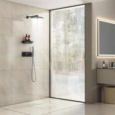 Système de douche thermostatique mural 12 po avec douche à main et bec de massage cervical