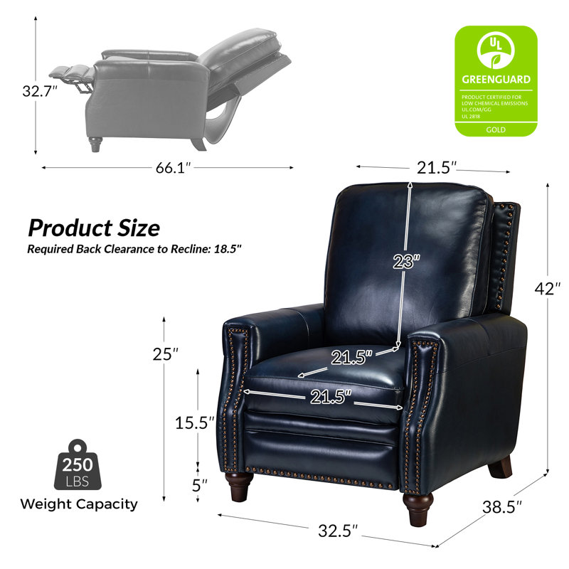 Fauteuil inclinable en cuir véritable l 32 po Andrena, Cuir véritable marine