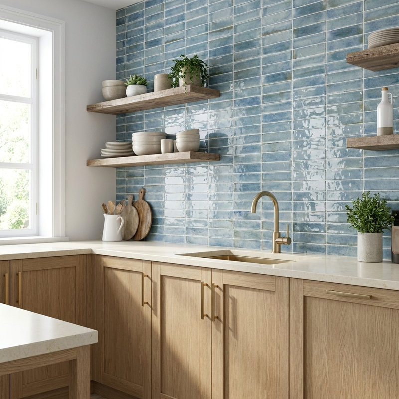 Calypso Sky Glossy 2.5x10 Porcelain Subway Wall Tile, Sky